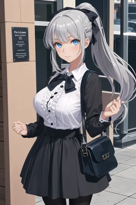 1girl, breasts, morgan le fay (fate), blue eyes, long hair, black bow, shirt, solo, large breasts, skirt, bow, braid, bag, long sleeves, grey hair, bangs, hair bow, very long hair, ponytail, french braid, pantyhose, looking at viewer, sidelocks, black skir...