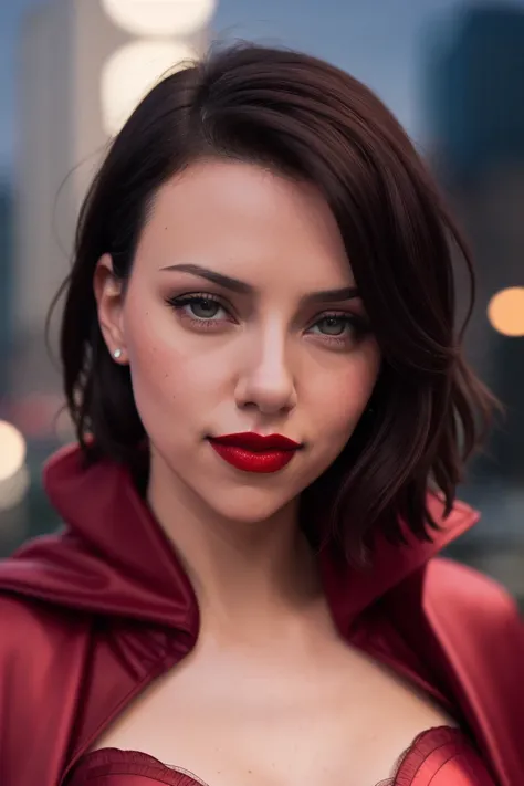 scarjo-600, ((dark red hair)),((detailed eyes, beautiful eyes, detailed face, beautiful face):1.2), ((red lipstick, blush)),  , ,photo of a woman, RAW, ((superman costume, superman logo, cape)),((short hair, pixie cut, messy hair, black hair)), ((rooftop, ...