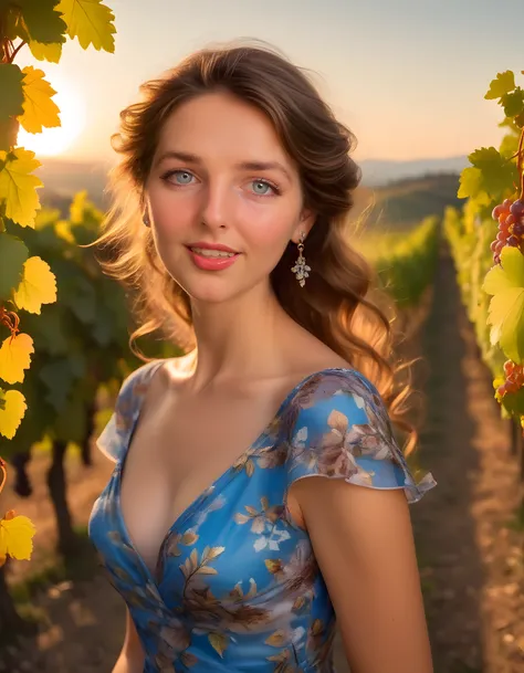 In a captivating and evocative portrait set against the backdrop of a sunset-illuminated, rustic Italian vineyard, M1R4ND4, a young woman with brown hair cascading down her shoulders, wears a vibrant, hand-painted dress adorned with swirling vines and grap...