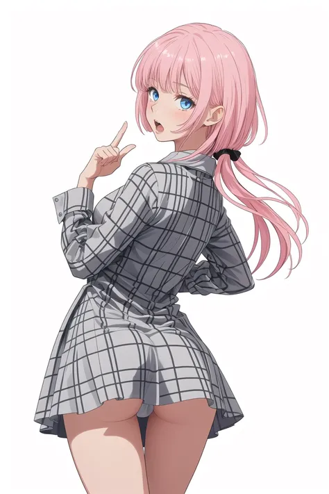 1girl, solo, pink hair, long hair, white background, dress, ass, blue eyes, looking at viewer, simple background, grey dress, white shirt, shirt, plaid, looking back, bangs, open mouth, long sleeves, finger to mouth, cowboy shot, shiny, standing, plaid dre...