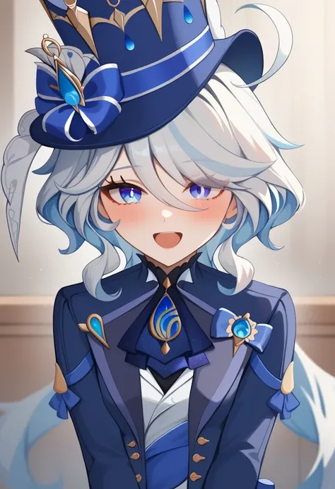 score_9,score_8_up,score_7_up,<lora:furina_(genshin_impact)_pony:1>,open_jacket, brooch, smile, cowlick, 1girl, ascot, furina_(genshin_impact), open_mouth, blue_jacket, long_sleeves, blue_hat, top_hat, white_shirt, looking_at_viewer, blush, solo, small_bre...