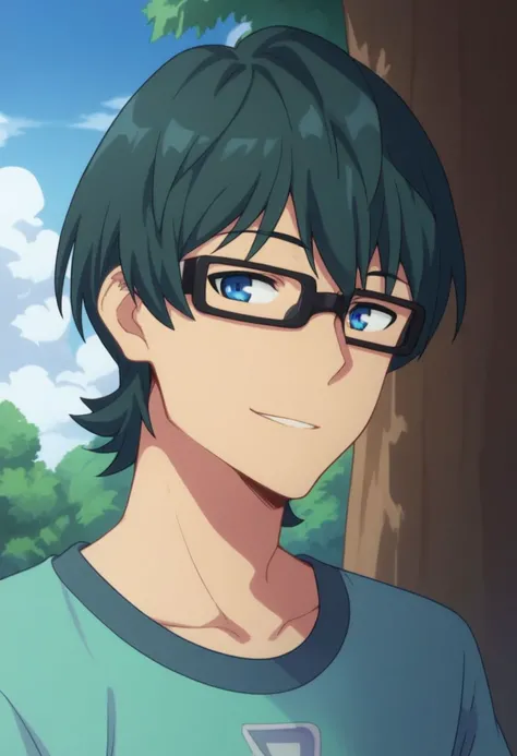 score_9, score_8_up, score_7_up, source_anime, highly detailed, 
utsumi, 1boy, male focus, solo, glasses, blue eyes, upper body, shirt,
t-shirt, green t-shirt, green hair,
outdoor, sky, clouds, tree, smile