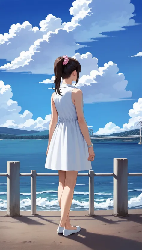 score_9,score_8_up,score_7_up,<lora:miiyamotoHikari:0.8>,
miiyamotohikari,
1girl,solo,black hair,ponytail,bangs,pink scrunchie,brown eyes,sleeveless white dress,white collar,white wristwatch,white flat shoes,medium breasts,
outdoors,blue sky,sea,cloud,stre...