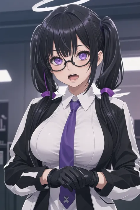 1girl,breasts,gloves,solo,glasses,black hair,long hair,halo,large breasts,necktie,twintails,multicolored hair,looking at viewer,purple eyes,open mouth,long sleeves,upper body,black gloves,low twintails,jacket,bangs,