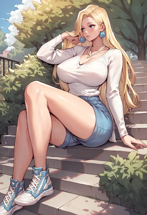 adult woman, blonde hair, long hair, diamon necklace, earrings, makeup, blue eyes, curvy, large breasts, white shirt, reclining, blue shorts, sneakers, sitting on stairs, park, day, bush, tree, looking to the side, solo, <lora:NIUR:0.8>, score_9, score_8_u...