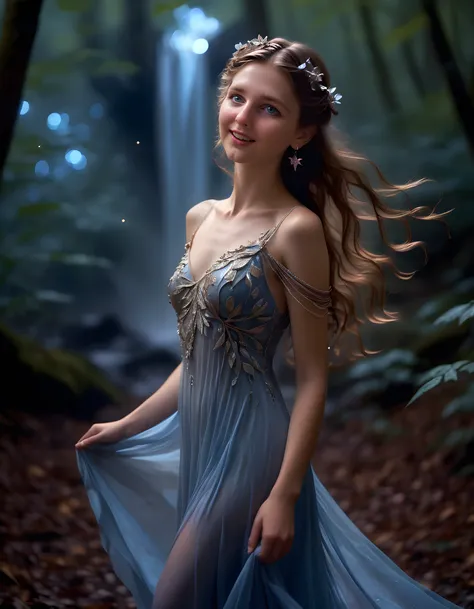 In a dimly lit, ethereal forest clearing bathed in the soft glow of a full moon, M1R4ND4, a young woman with brown hair cascading down her back like a waterfall of molten chocolate, stands gracefully with a captivating smile that lights up her blue eyes. S...