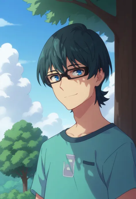 score_9, score_8_up, score_7_up, source_anime, highly detailed, 
utsumi, 1boy, male focus, solo, glasses, blue eyes, upper body, shirt,
t-shirt, green t-shirt, green hair,
outdoor, sky, clouds, tree, smile