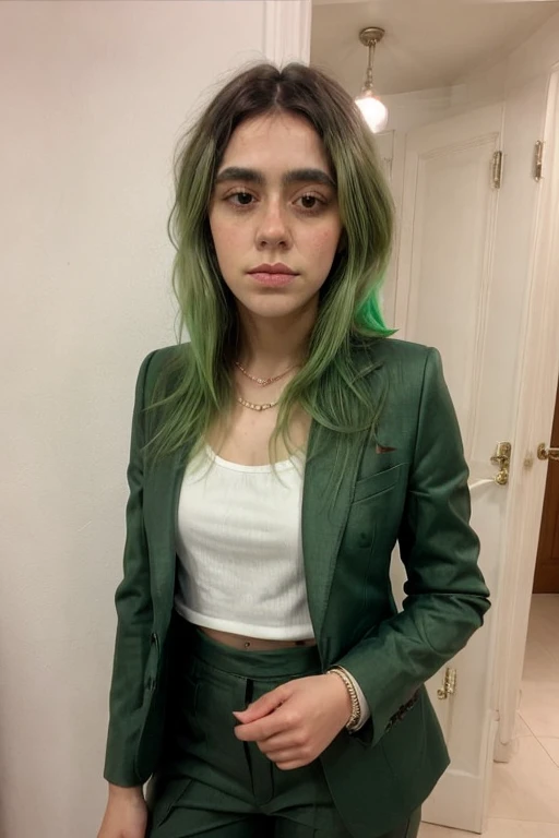 instagram photo of a girl, solo, green hair, suit,  <lora:angelarochistav1:0.9> angelarochistav1