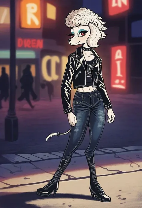 score_9_up, score_8_up, score_7_up, score_6_up, score_5_up, score_4_up, 1girl, solo, pet3na,  furry female, anthro poodle, white fur, red eyes, neon punk clothes, high heels, animal ears, walking down a city street, (realistic), (painted art:1.2)