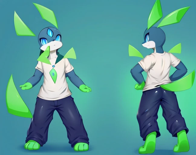 <lora:Nucleon MERGER A:0.9>,nucleon (fakemon),third eye,green ears,Green tail,Green paws,3 toes,black body,nuclear symbol on chest,blue eyes,(anthro:1.4),shirt,pants,
standing,(tailzkim,),solo,
Happy,