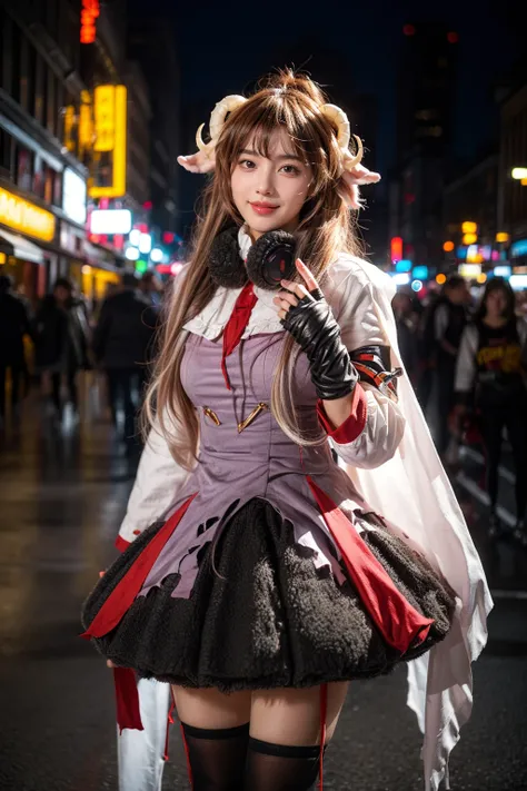 best quality,masterpiece,realistic,photorealistic,1girl,solo,smile,looking at viewer,standing,cowboy shot,eyjafjalla cosplay costume,eyjafjalla,arknights,cosplay,brown hair,long hair,animal ears,horns,sheep horns,dress,white cape,gloves,headphones around n...