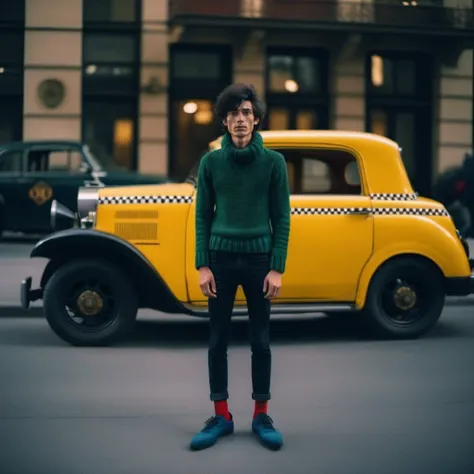 cinematic photo a full body portrait of skinny man, big head, black messy hair, green turtleneck sweater, denim blue pants, blue shoes, red socks, in front of a vintage 20s yellow and black taxi  <lora:Gaston1024:0.8> . 35mm photograph, film, bokeh, profes...