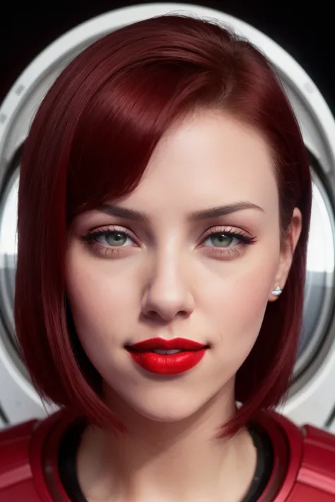 scarjo-600, ((dark red hair)),((detailed eyes, beautiful eyes, detailed face, beautiful face):1.2), ((red lipstick, blush)),  ,photo of a woman, RAW, ((detailed scifi spacesuit, outer space, scifi details)), ((short hair, dark red hair)),  , 8k uhd, dslr, ...