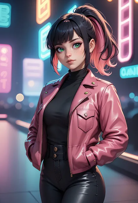 score_9, score_8_up, score_7_up BREAK solo, 1girl, cowboy shot, nightclub, neon lights, bokeh, depth of field, black hair, pink dyed hair, ponytail, bangs, green eyes, freckles, makeup, leather jacket, turtleneck, high waist pants