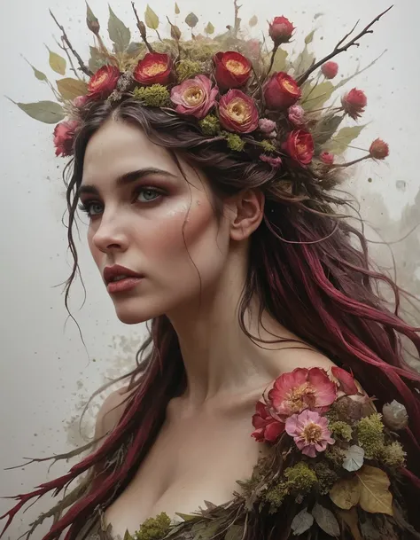 made out of ral-dryflwrs, ("Rain of Thorns":1.2) , roots with Lichen, art by john william waterhouse, charlie bowater, agnes cecile, Mucha and Gabriel Ferrier, Ultra Detailed, three colors, dynamic composition, elaborate, <lora:ral-dryflwrs-sdxl:0.7>, inte...