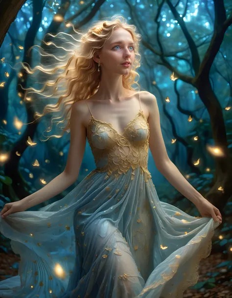 In a surreal, ethereal dreamscape reminiscent of a Van Gogh painting, M1R4ND4, a captivating woman with piercing blue eyes and cascading golden locks, strikes an enchanting pose in a whimsical, fairytale-like dress adorned with delicate lace and shimmering...