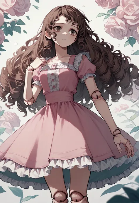 score_9, score_8_up, score_7_up, score_6_up, source_anime, <lora:doll_joints_v0.1-pony:1.0>
1girl,doll joints, long hair, brown hair, curly hair, 
frilled dress, pink dress,