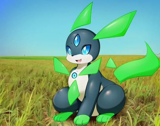 <lora:Nucleon MERGER A:0.9>,nucleon (fakemon),third eye,green ears,Green tail,Green paws,3 toes,black body,nuclear symbol on chest,feral,blue eyes,
Front view,Sitting,(tailzkim,),field,
Happy,