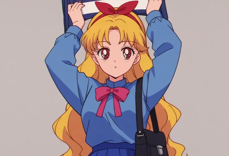 score_9, score_8_up,score_7_up, source_anime, rating_safe, 1girl, ,parted lips,hoshimiya ichigo,simple background,red ribbon,long hair,hairband,expressionless,qing yan xia,upper body,solo,arms up,sidelocks,holding bag,shirt,long sleeves,aikatsu!,blonde hai...