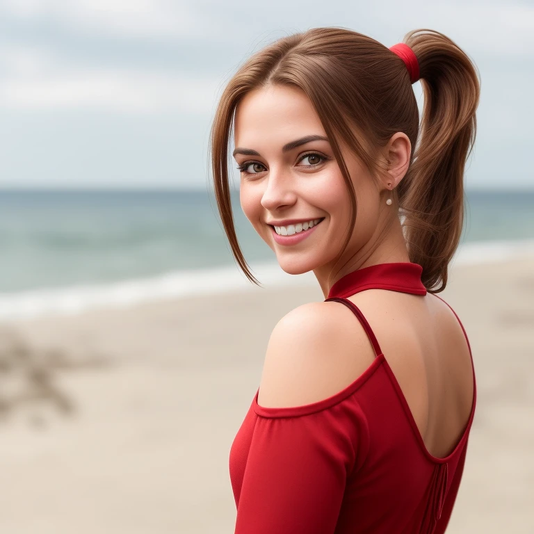 a portrait photograph of an attractive young woman with brown hair and a ponytail wearing a low cut red blouse, sidebangsv08 hairstyle, smiling, detailed seaside background