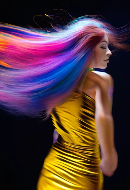 european woman dressed in a elegant tight dress, there is a long exposure effect with her hair in movement, vibrant colors in the hair