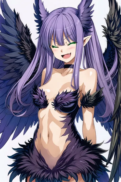 1girl,solo,winged arms,wings,monster girl,one eye closed,purple hair,harpy,skirt,green eyes,pointy ears,feathers,twintails,open mouth,white background,choker,simple background,navel,fang,smile,blush,feathered wings,