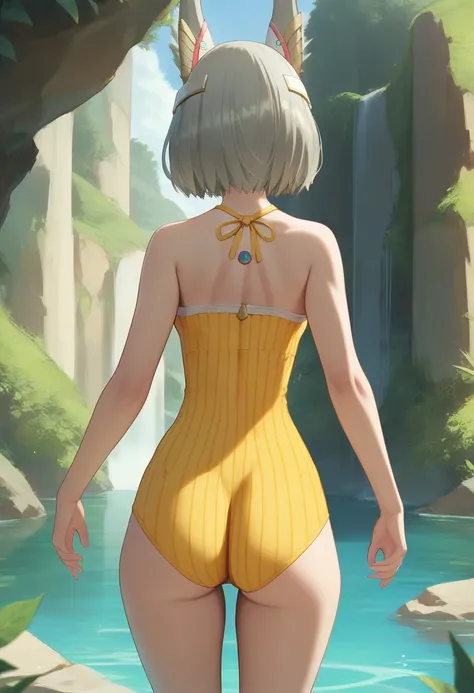 score_9, score_8_up, score_7_up, 1girl, solo, standing, yellow one-piece swimsuit, facing away, blue back gem, bob cut, tiara, nia, outdoors<lora:nia xl 062 fro 95:1>