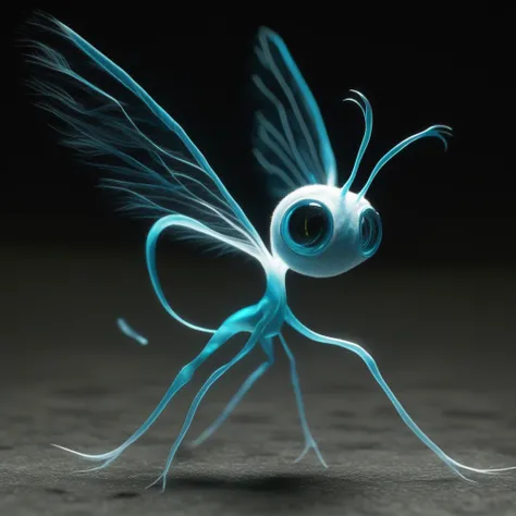 The Luminous Skitter is captured mid-leap, its body fully extended in an elegant arc. Its legs are stretched out behind it, and its front legs are reaching forward. The wings are fully unfurled, catching the air, and the tail streams behind like a ribbon. ...