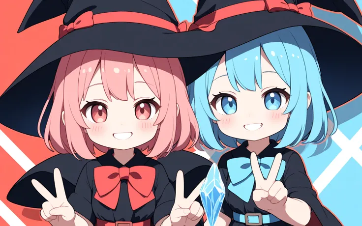 masterpiece, best quality, high quality, highres, a chibi girl in a witches hat and black dress with lights behind her with a blue ice, blurry, blush, cheek ,depth_of_field, facing_viewer, red_sky, smile, flat_color, anime_coloring, V-sign, long pink hair,...