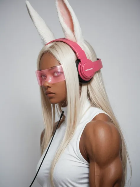 from side, 1girlrumi usagiyama, long hair, animal ears, white hair, dark skin, rabbit ears, dark-skinned female, muscular, rabbi...