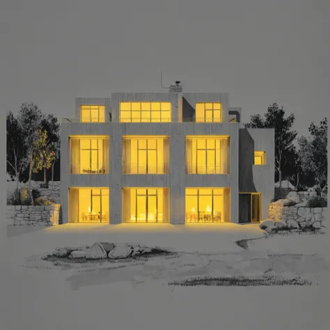 sketch of a very modern villa in Jordan, design by ((David Chipperfield)) illuminated by warm yellow lights from some window, monochromatic with grey tones and soft yellow highlights, creating a subtle illumination effect