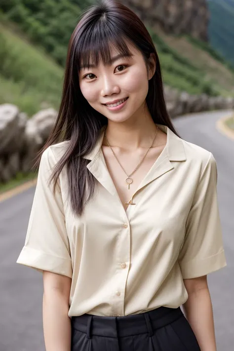 Asian woman, closeup, (shirt), pants, (glenwood canyon), cross necklace , smiling , KM_phuong, wide shoulders, perfect face, (contact iris: 1.1), pale skin, skin pores , depth of field