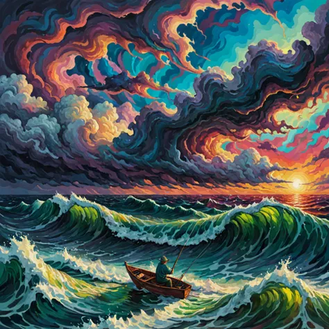 an impressionistic artwork LSD Trip an fisherman on open see in a stormy sea ,colorful sky