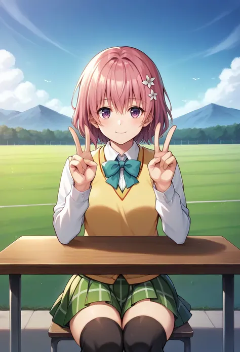 score_9,score_8_up,score_7_up,score_6_up,score_5_up,score_4_up,
1girl, momo velia deviluke, short hair, hair flower, school uniform, sweater vest, plaid skirt, green skirt, thighhighs, 
cowboy shot, solo, looking at viewer, outdoors, mountainous horizon, s...