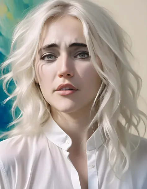 A captivating close-up image of JC2K1, a woman with cascading, platinum blonde hair that shimmers under soft, golden lighting, poses confidently and intently looks at the viewer. She wears a unique, intricately designed white shirt that features delicate, ...