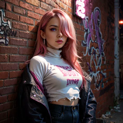 arafed woman with pink hair leaning against a brick wall