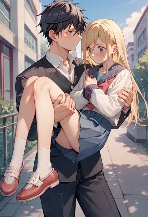 score_9, score_8_up, score_7_up, score_6_up, source_anime, <lora:princess_carry_v0.3-pony:1>
1girl, long hair, blonde hair, school uniform, blush,
outdoors, 1boy, gakuran, black hair, princess carry,