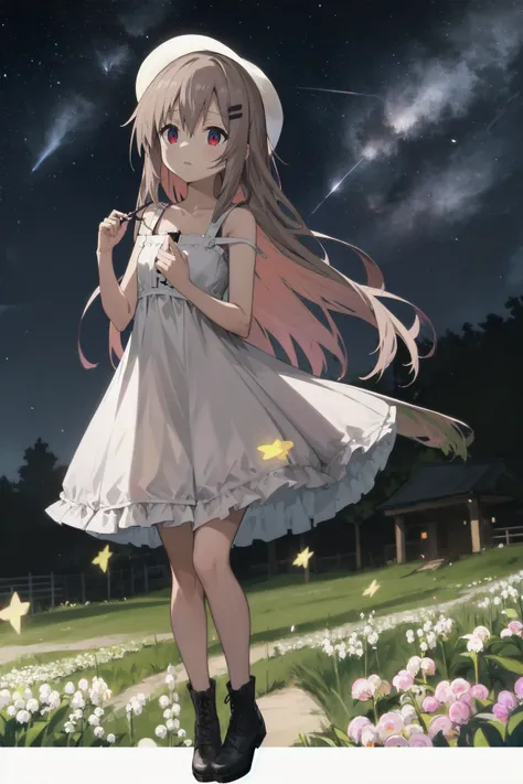 absurdres, high detail, 4k,
outdoors, flower garden, lily of the valley, petals, starry sky, shooting star, 
standing, steepled fingers, looking up, 
marfusha, wide brim, hairclip, sundress, white dress, collarbone, cross-laced footwear, 
<lora:game-marfus...