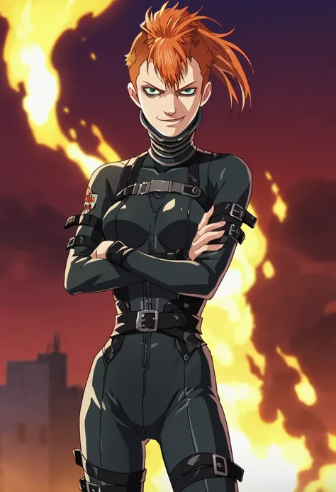 score_9,score_8_up,score_7_up,score_6_up,source_anime BREAK anime screencap,1girl,solo, <lora:Greenepony:0.8>,elizabethgreene,standing,smirking,black bodysuit,belts,cowboy shot,outdoors,in burning city,crossed arms