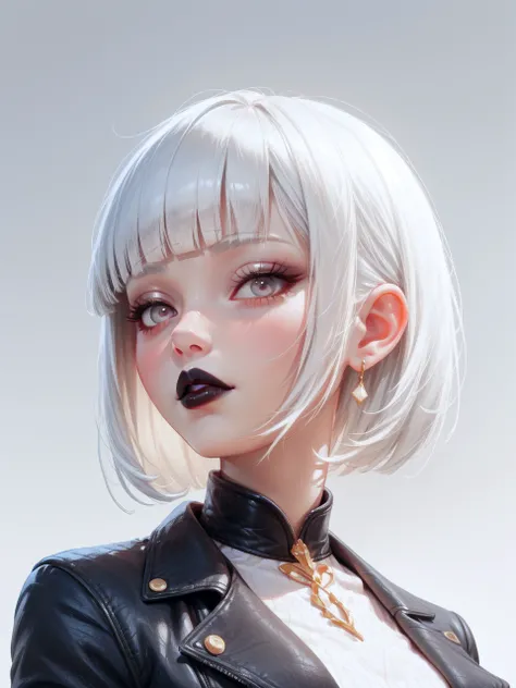 1girl, portrait, dark lips, black jacket, white hair, very short hair, blunt bangs, looking at viewer, grey background, from below, gradient background