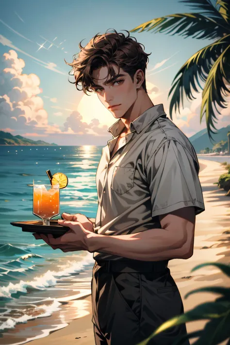 ((ultra detailed, masterpiece, absurdres))
 <lora:HOAJason:0.8>
HOAJason, 1boy, short hair, brown hair, looking at viewer, at a beach, holding a cocktail, palm trees, sand, ocean