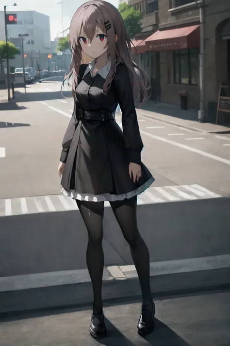 absurdres, high detail, 4k,
outdoors, street, steampunk, brick road, full body,
standing, expressionless,
marfusha, hairclip, black dress, collared shirt, long sleeves, frilles, black pantyhose,
<lora:game-marfushasg-marfusha-t1:0.9>