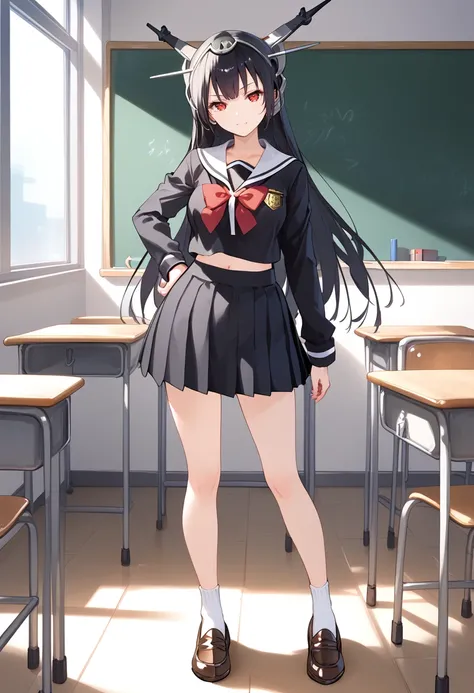 classroom, full body, standing, school uniform, black serafuku, black skirt, <lora:KC_05BB_nagato-n_pony:1> nagato-kc, headgear, black hair, long hair, red eyes, white socks, long socks, loafers,, score_9,score_8_up, score_7_up, source_anime, masterpiece, ...