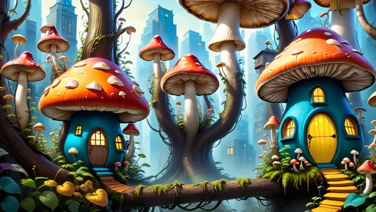 <lora:artfullyORGANICITY_SDXL_V1:1>,  mushroom tree house city life