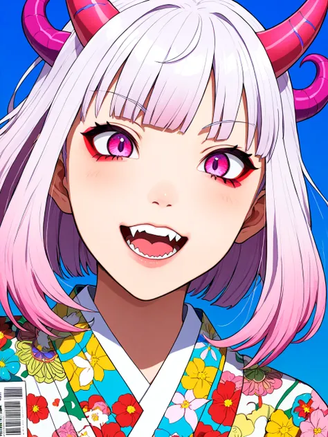 japanese kimono, devil horn, harajuku fashion, Tomma Abts, Etel Adnan style, anime, zentangle, masterpiece, absurdres, (face focus:1.3), (anime_coloring:1.5), (realistic_nose:-0.5), (fang:1.4), white hair, pink horn,(megami magazin:1.4), open mouth