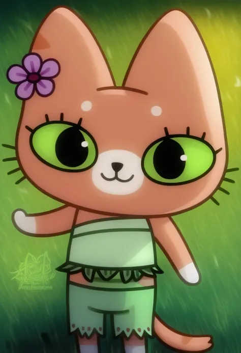 Aprel, realistic, art, cat, 1girl, cat girl, green eyes, hair flower, purple flower, smile, smile cat, green top, green shorts, grass