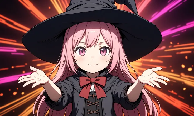 masterpiece,(best quality, high quality, highres:1), a chibi girl in a witches hat and black dress with lights behind her with a starburst, blurry, depth_of_field, facing_viewer, red_sky, smile, solo, bloodborne, a hologram, magical realism, (flat_color:0....