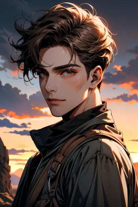 ((ultra detailed, masterpiece, absurdres))
 <lora:HOAJason:0.8>
HOAJason, 1boy, short hair, brown hair, looking at viewer, in front of dramatic sunset