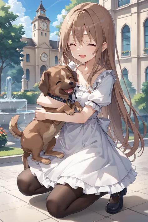 score_max, (score_9, score_8_up, score_7_up:1.2), score_6_up, official art,
masterpiece, absurdres, high detail, 8k,
park, fountain, clock tower,
on one knee, hugging dog, smile, closed eyes, open mouth,
marfusha, long hair, brown hair, red eyes, white dre...