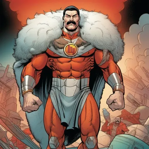 comic a (((full body portrait)))  muscular man with a moustache in a white and red bodysuit, lion head fur, standing in a spaceship <lora:Thragg1024:0.8> . graphic illustration, comic art, graphic novel art, vibrant, highly detailed